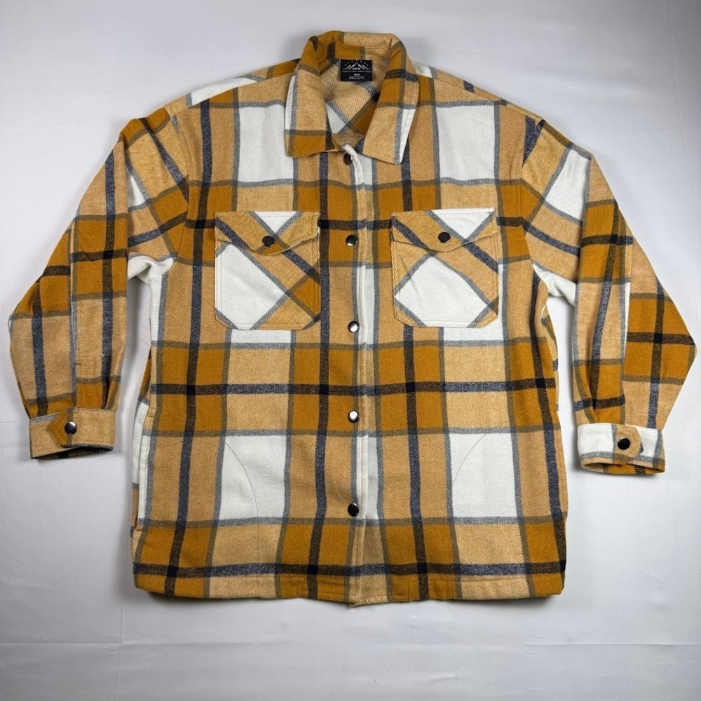 HFX Mens Thick Flannel Plaid Shirt Jacket Mustard Yellow Shacket Medium Snaps